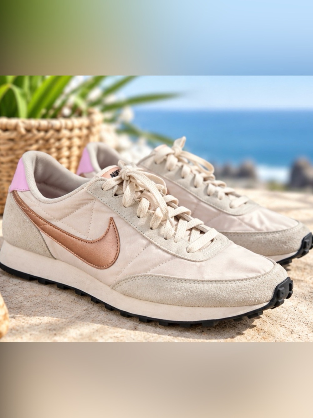 Nike Women's Beige Retro Runner with Metallic Copper Swoosh, size 9.5